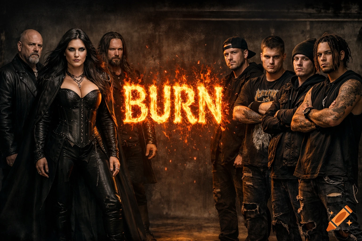 A photorealistic image of a heavy metal band, a female vocalist in a corset flanked by male musicians, with fiery text 'BURN' between them.