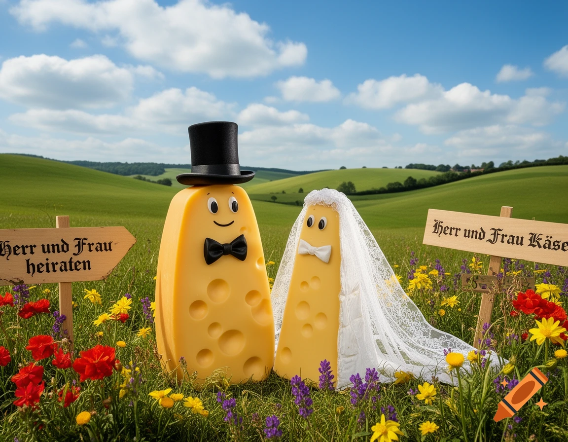 Two anthropomorphic cheese blocks, one in a top hat and bow tie and the other in a wedding veil, stand in a field with wildflowers under a blue sky, with two wooden signs beside them.
