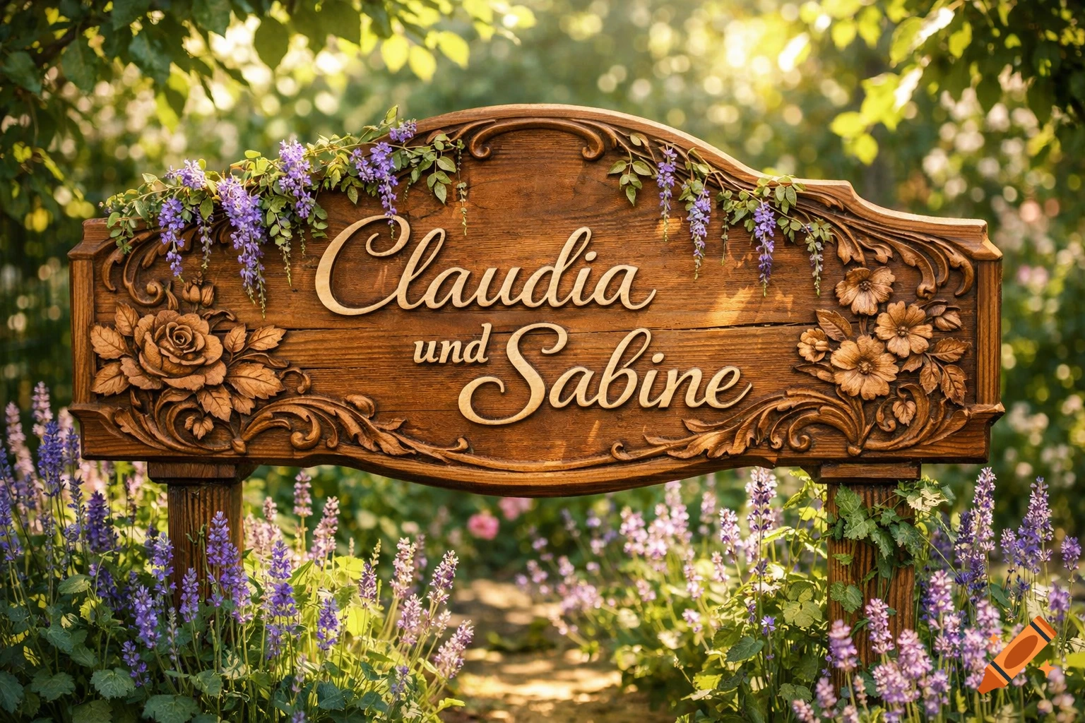 A beautifully carved wooden sign in a sunny garden, adorned with purple flowers, reading 'Claudia und Sabine'.
