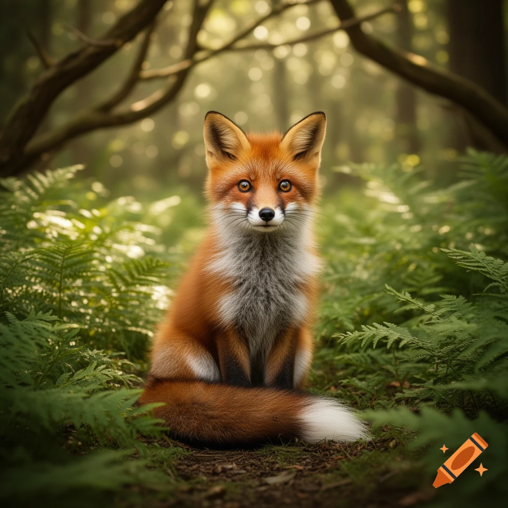 A cute red fox with white and black markings sits attentively in a lush ...