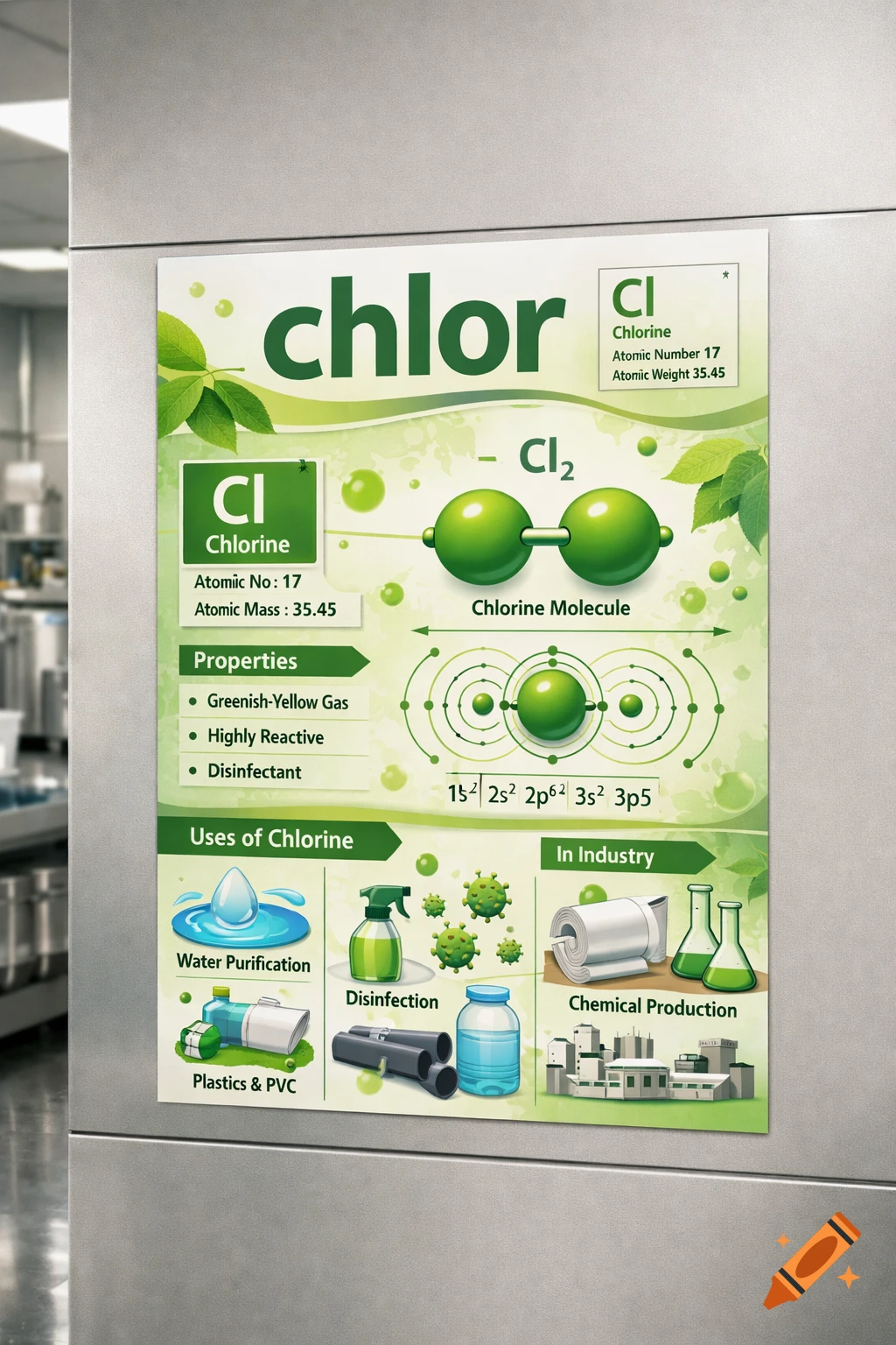 A detailed infographic poster about the element Chlorine, depicting its properties, uses, and chemical structure with illustrations, on a silver background.