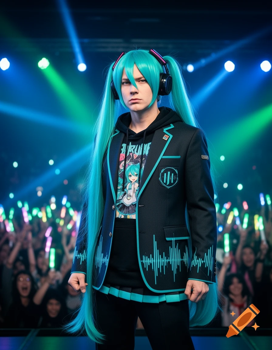 A person with long teal pigtails, headphones, a black blazer with blue designs over a hoodie, on a stage with a cheering crowd.