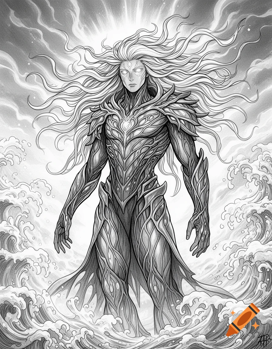 Grayscale manga sketch of a regal figure with long flowing hair, glowing eyes, and living armor standing in swirling water.