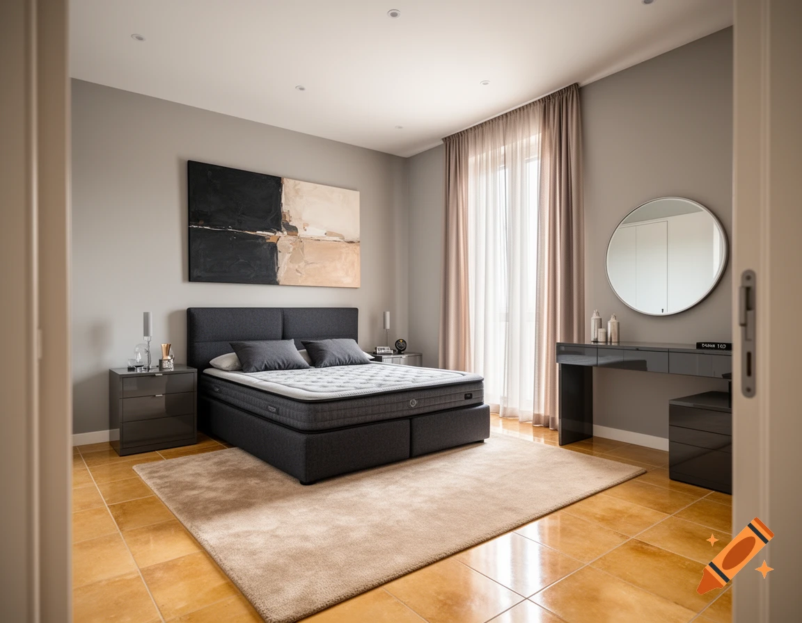 A photorealistic modern luxury bedroom with a grey upholstered bed, a large beige rug, and a glossy anthracite vanity desk with a round mirror.