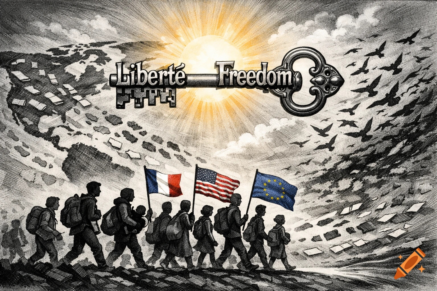 A scratchboard drawing shows people carrying French, US, and EU flags walking beneath a shining key labeled 'Liberté Freedom', with a map and birds.