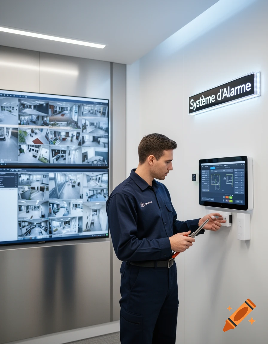 A male technician in a dark uniform works on a wall-mounted alarm system control panel, with security camera feeds on large screens in a modern room.