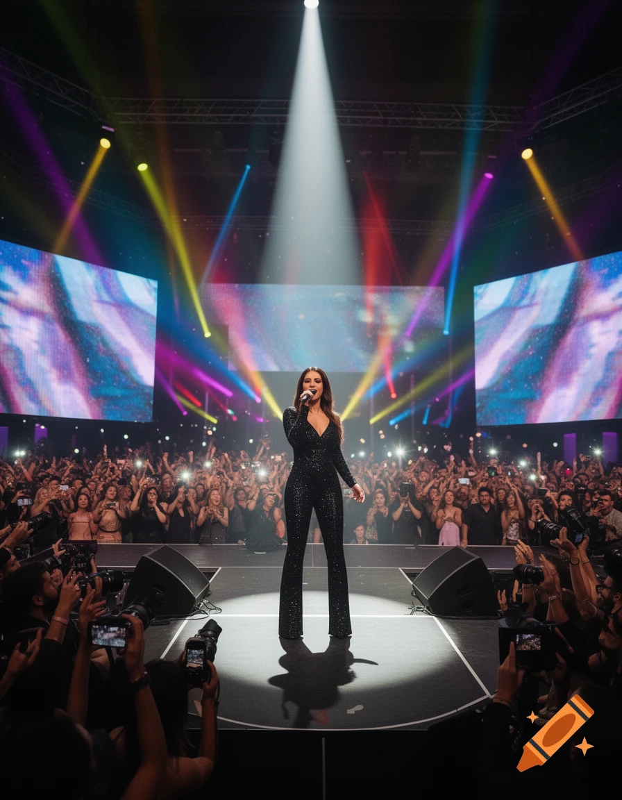 Female singer in a black sparkling jumpsuit performs on a dark stage under a spotlight to a large concert crowd.