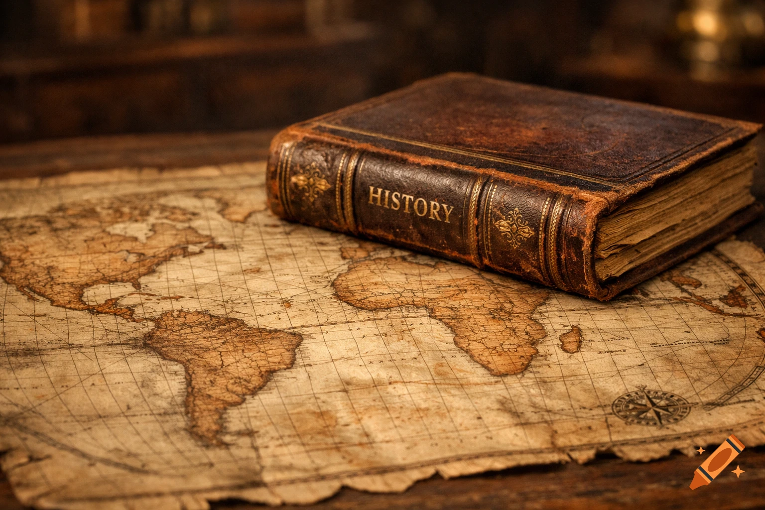 An old, leather-bound history book rests on a vintage, worn world map with visible continents.