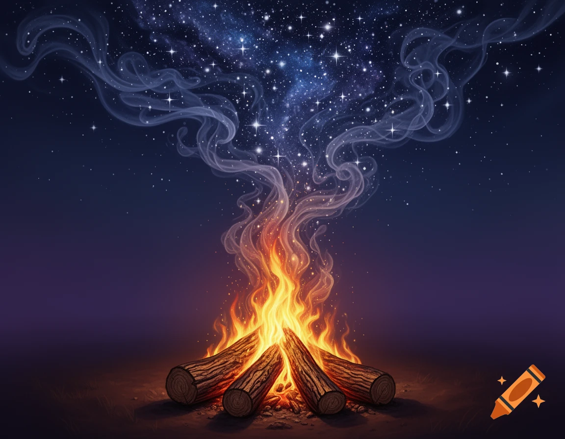 A stylized campfire burns brightly, its smoke and embers swirling upwards into a vivid starry night sky.