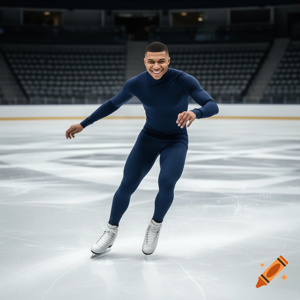 A smiling man in a navy blue full-body suit ice skates across an ice rink in a large, empty stadium.