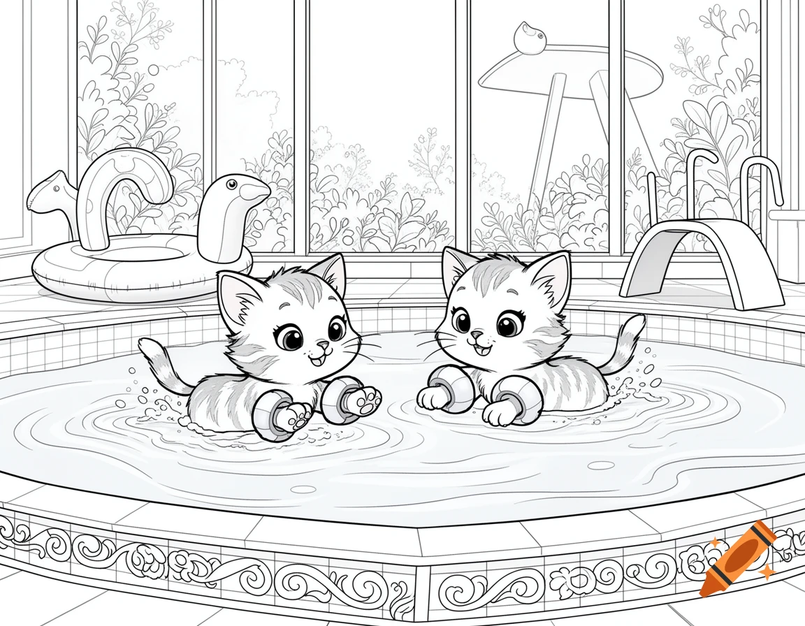 A black and white coloring page of two cute kittens happily swimming in a pool with inflatable toys in the background.