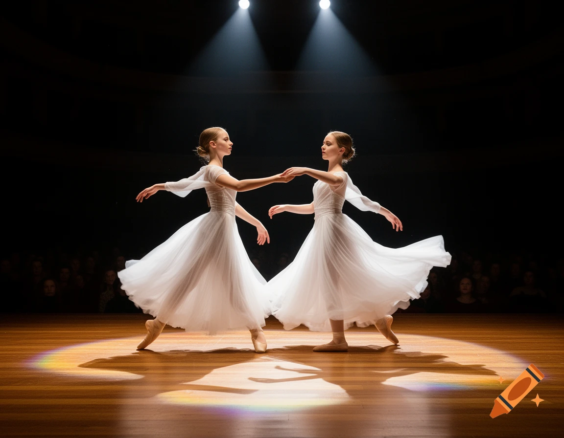Two young ballet dancers in white dresses perform on a spotlighted wooden stage.