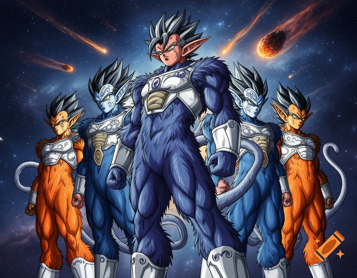 Five furry, alien-like Saiyan warriors with pointed ears and tails stand against a starry space background with meteors.