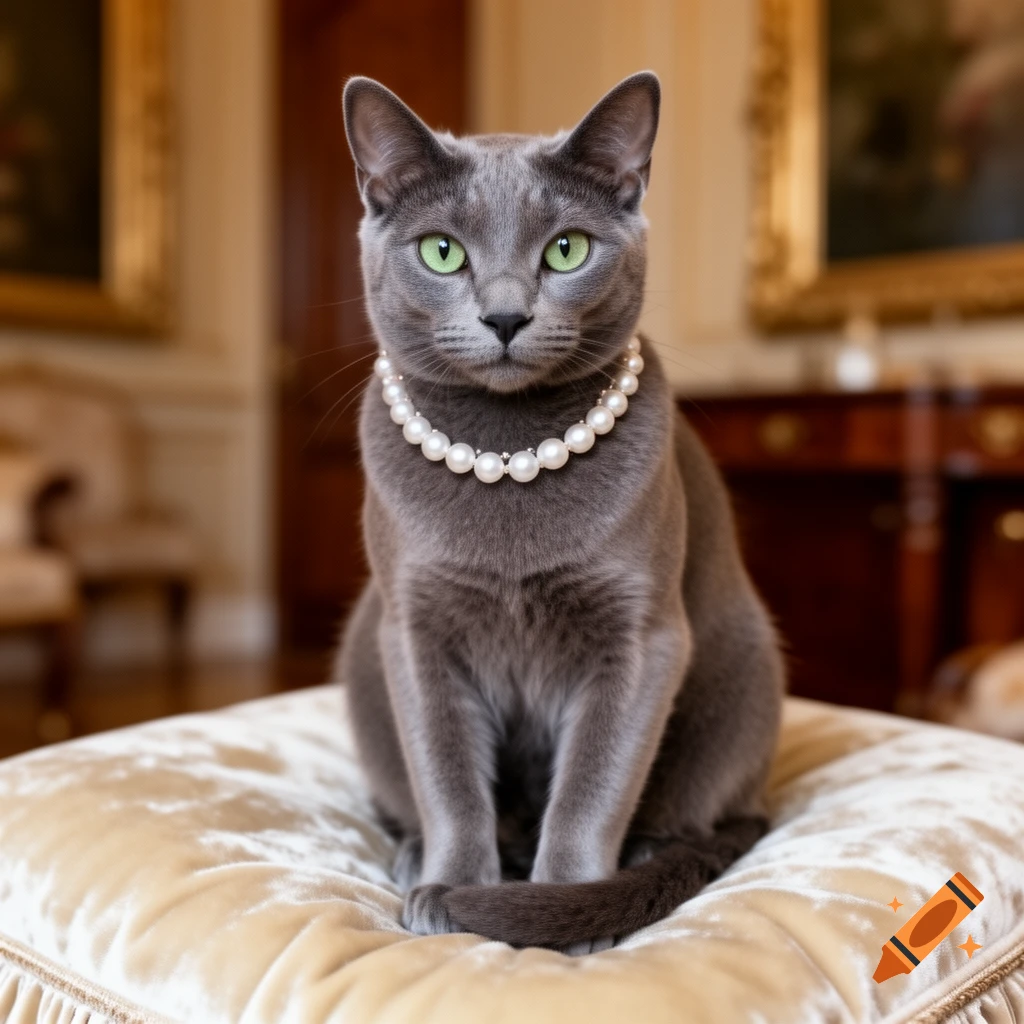 A grey Russian blue cat with green eyes wears a pearl necklace while sitting elegantly on a velvet cushion in a fancy room.