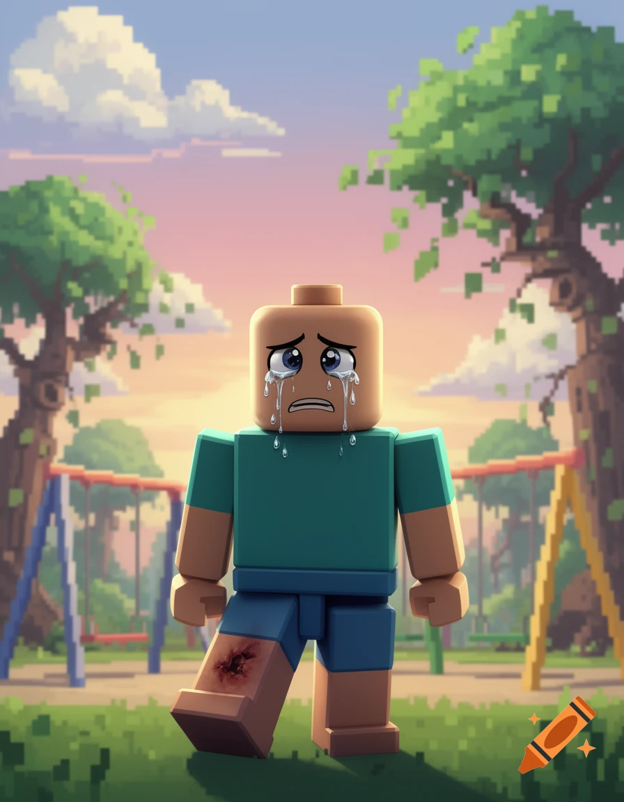 A crying, blocky Roblox-style character with a bruised leg stands in a pixelated park playground at sunset.