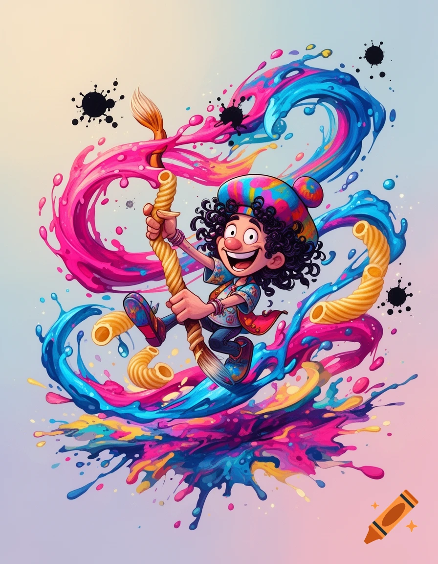 A happy cartoon character with curly hair swings on a macaroni-textured rope amid colorful pink and blue paint splatters.