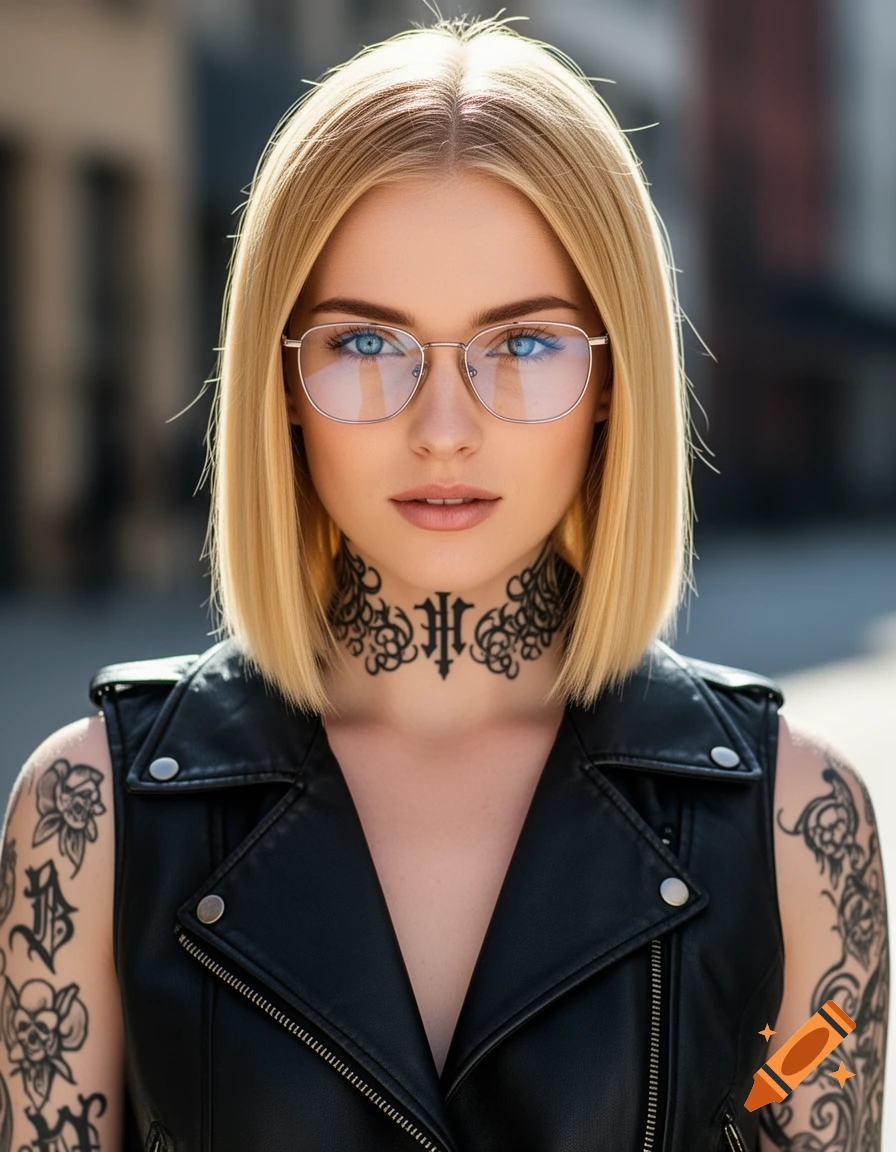 Photorealistic portrait of a young blonde woman with blue eyes and glasses, wearing a black leather vest and gothic neck and arm tattoos.