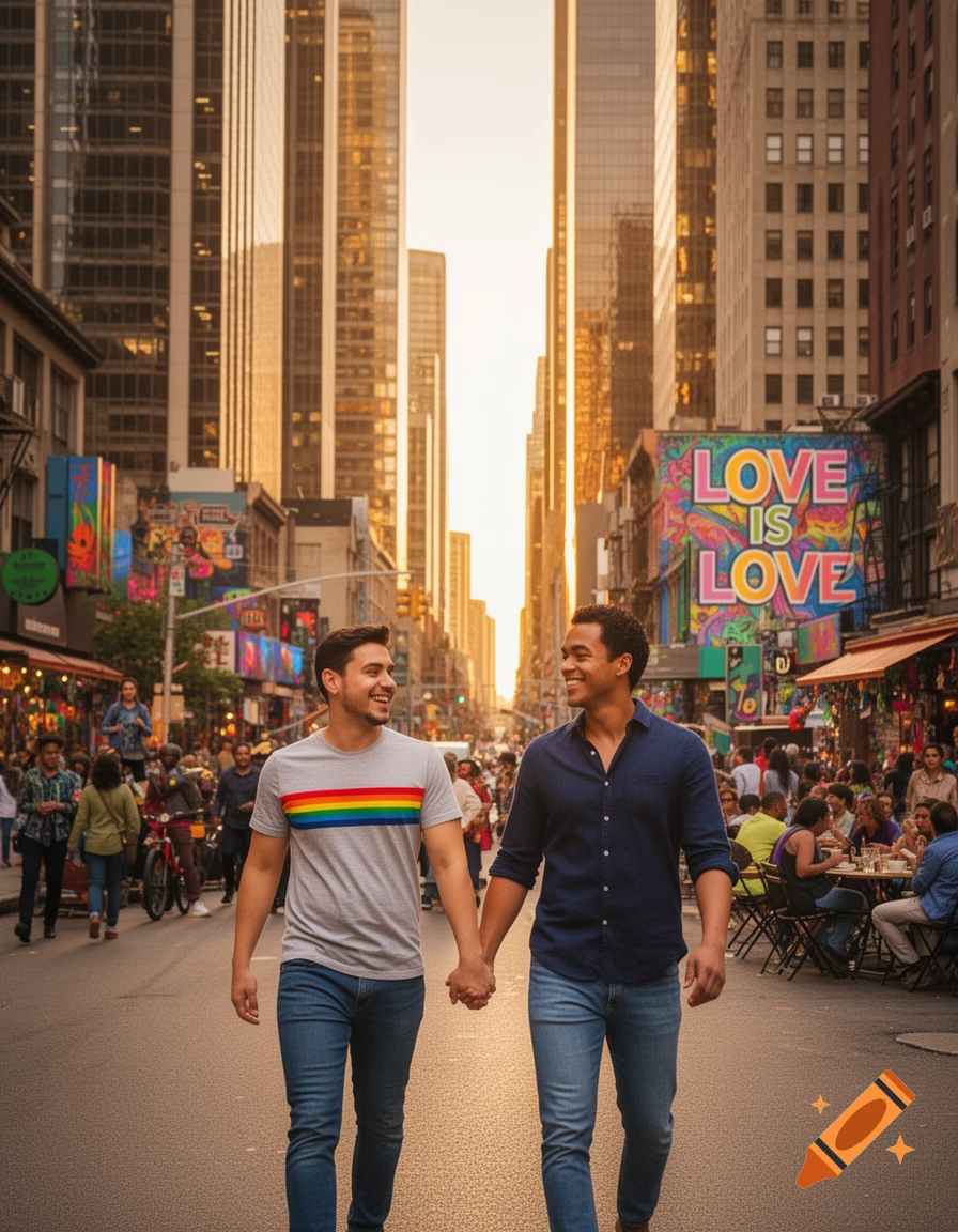 Two smiling men holding hands walk down a busy city street with tall buildings and a colorful "LOVE IS LOVE" mural. One wears a rainbow striped shirt.