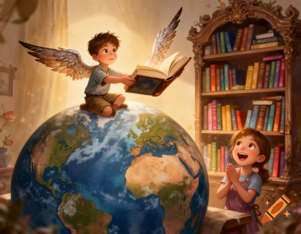 A winged boy sits on a globe with a flying book; a girl claps beside a bookshelf in a warm, illustrated scene.