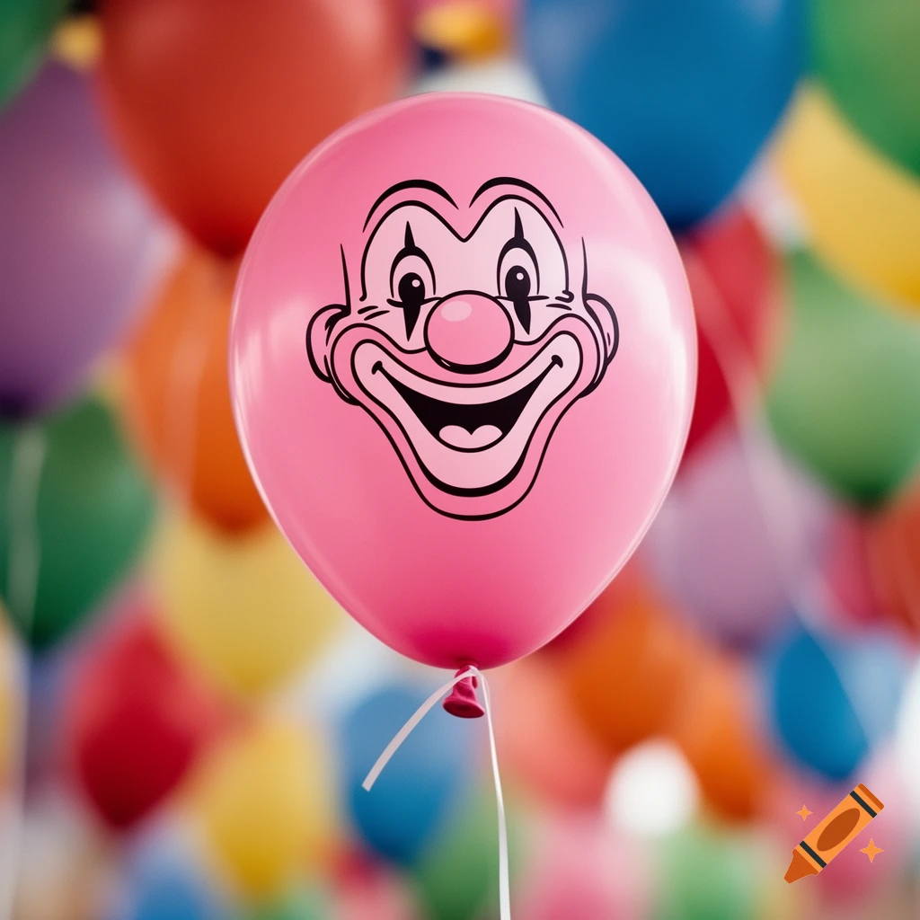 A pink balloon featuring a black and white clown face is centered against a soft, blurred background of many colorful balloons.