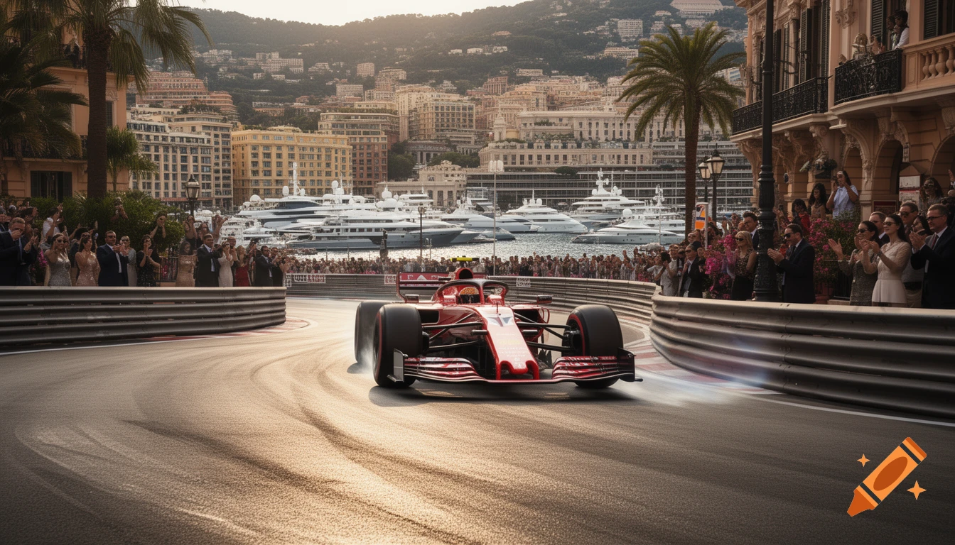 Red Formula 1 car races on the Monaco Grand Prix circuit, with yachts, city buildings, and a crowd in the photorealistic background.