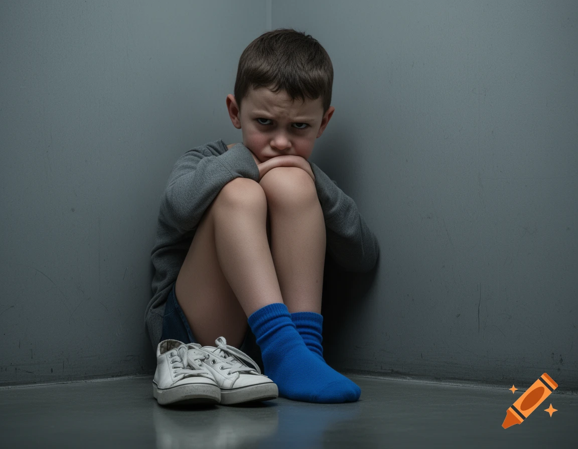 A sad boy sits in a corner, hugging his knees, wearing a gray shirt and blue socks, with white sneakers on the floor.