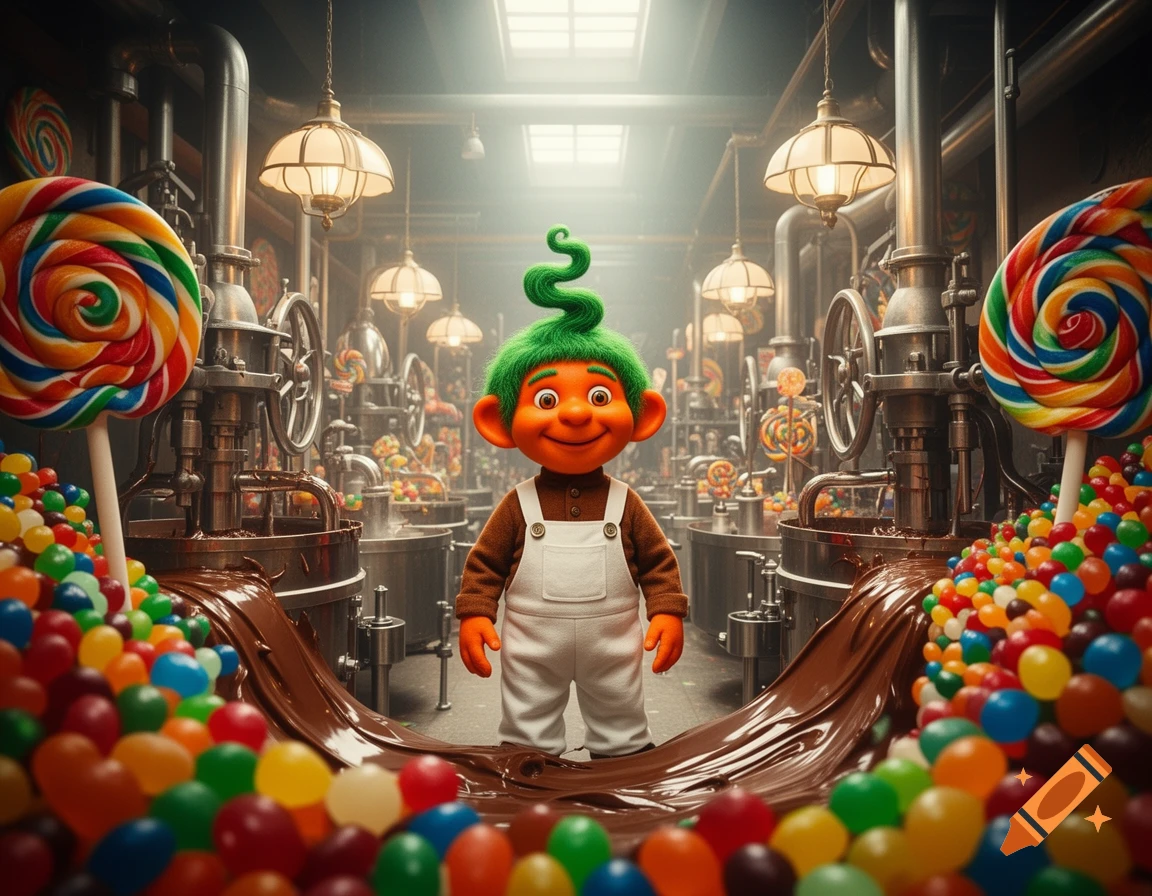 A cartoon character similar to an Oompa Loompa stands in a candy factory surrounded by chocolate rivers, jelly beans, and lollipops.