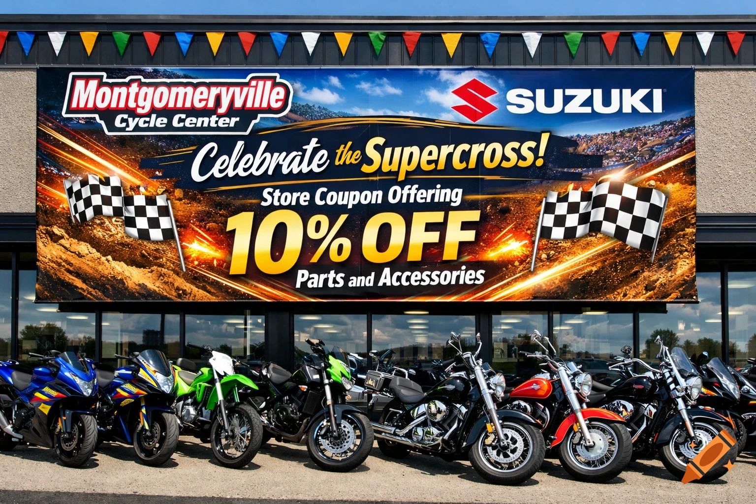 Photorealistic image of a Suzuki motorcycle dealership with a large banner advertising 10% off parts for a Supercross event, with motorcycles lined up below.