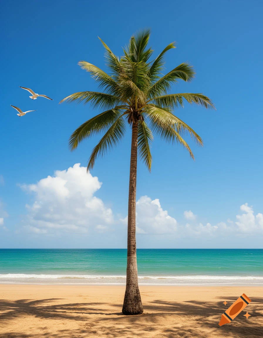 A tall palm tree stands on a golden sandy beach, with turquoise ocean ...