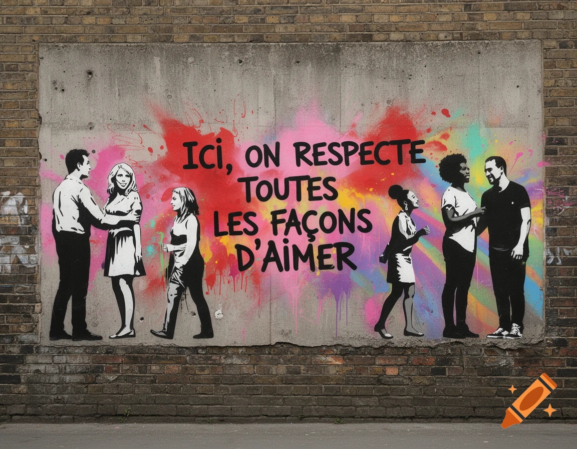 Banksy-style graffiti on a brick wall shows black and white silhouettes of diverse couples against colorful paint, with text 'Here, we respect all ways of loving.'