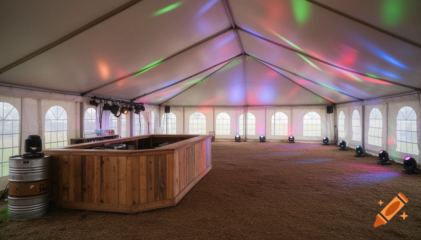 An empty party tent with a wooden bar, a dirt floor, white arched windows, and colorful lights projecting onto the ceiling.
