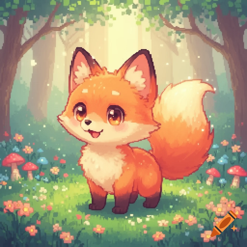 A cute pixel art anime fox with big eyes smiles in a colorful forest with flowers and mushrooms.