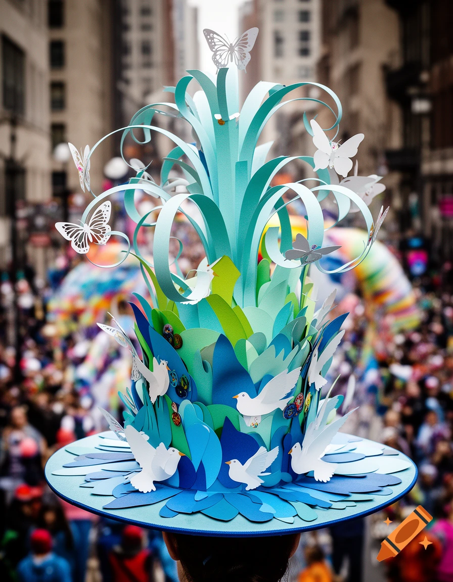 Close-up of a vibrant paper cut-out carnival hat featuring teal, blue, and green layers with white doves and butterflies, worn in a parade.