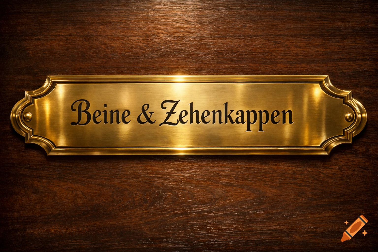 An elegant brass plaque with the German text 'Beine & Zehenkappen' on a dark wooden background.