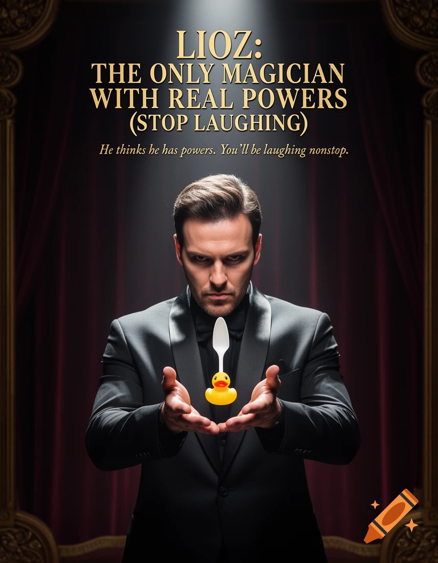 A photorealistic comedy show poster features magician Lioz intensely levitating a spoon and rubber duck on a dark stage with red curtains.