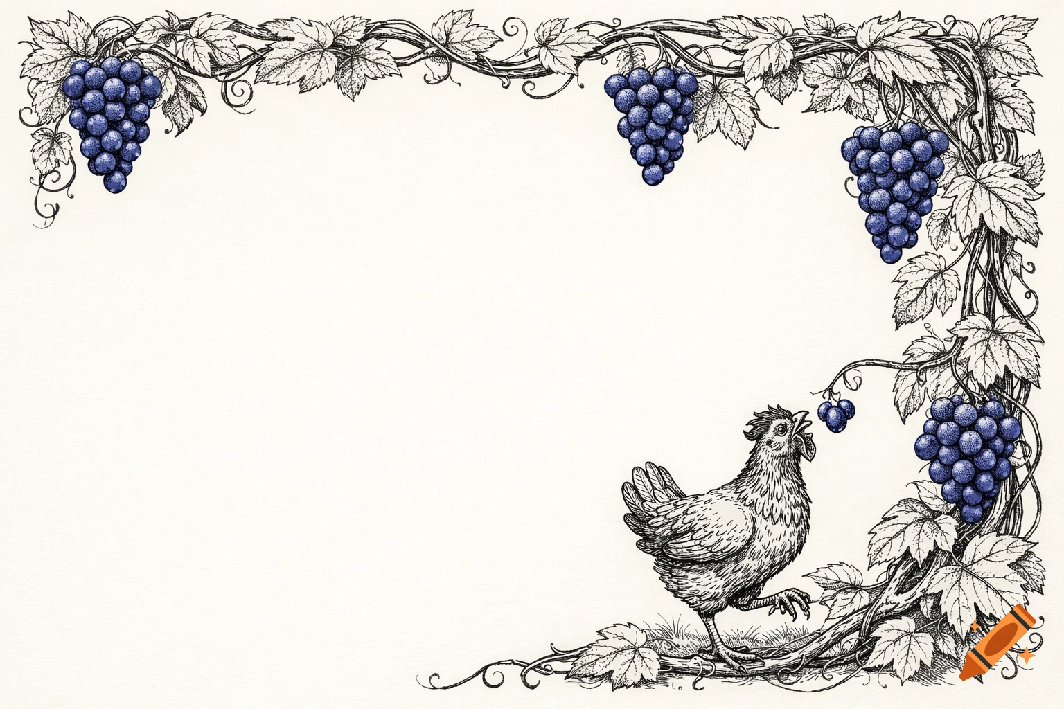 Ink drawing of a grape vine border with blue grapes, black and white leaves, and a chicken pecking a grape on a white background.