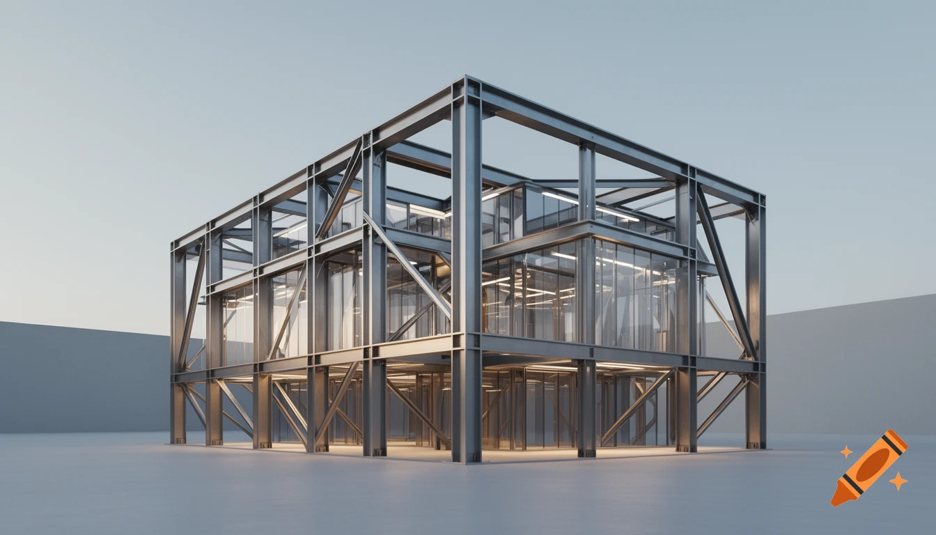A photorealistic render of a futuristic steel structure building with a minimal industrial design.