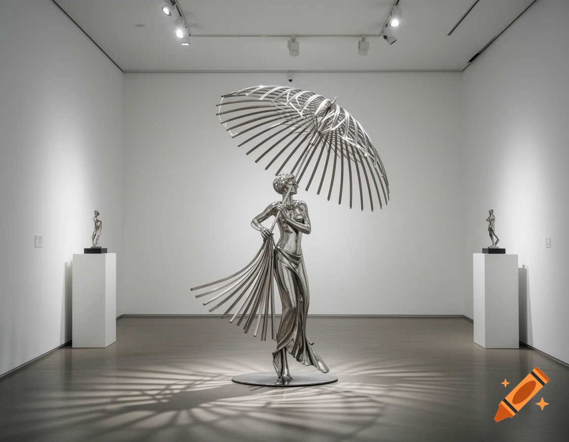 A detailed metal sculpture of a woman holding an umbrella, displayed in a brightly lit modern art gallery.