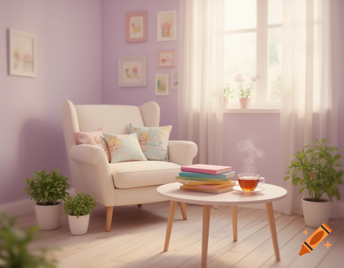 A cozy room with lavender walls, a cream armchair, a coffee table with books and tea, and potted plants by a bright window.