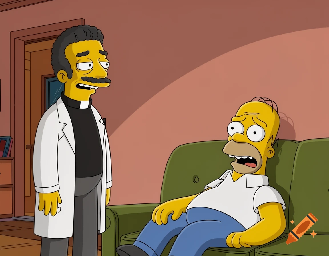 Dr. Nick wearing a priest collar stands next to a worried Homer Simpson slumped on a green couch, in The Simpsons cartoon style.