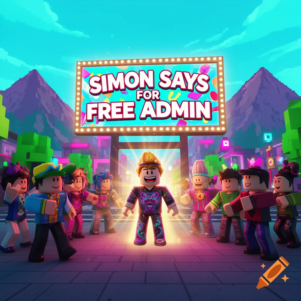 A vibrant Roblox scene with a central character glowing, surrounded by other characters under a large sign reading "SIMON SAYS FOR FREE ADMIN".