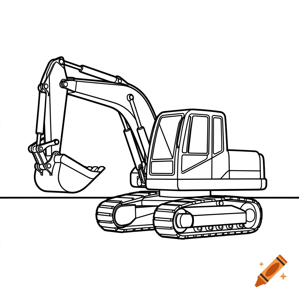 A black and white line art drawing of an excavator, suitable for coloring.