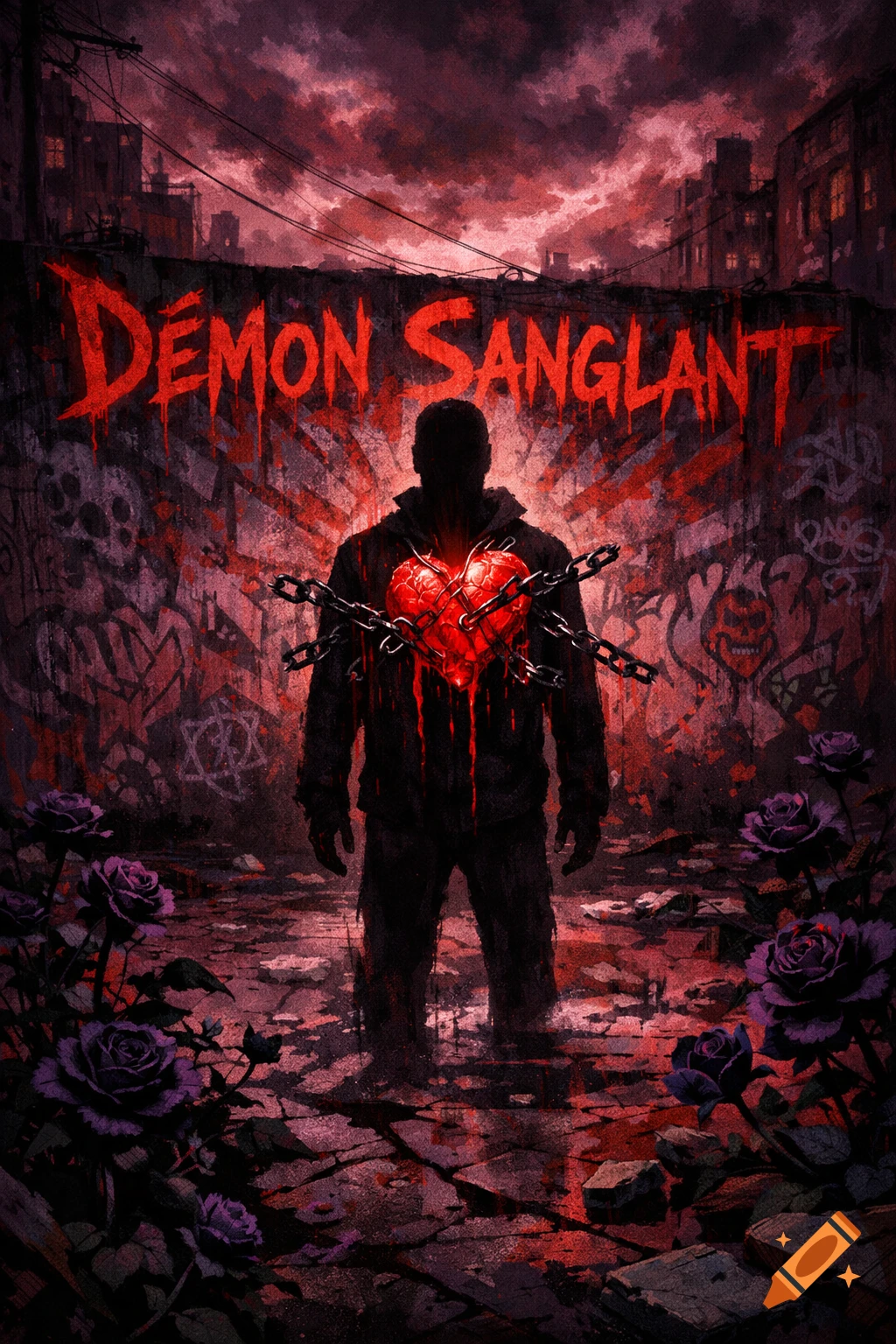 A shadowy figure with a bleeding, chained heart stands in a gritty urban landscape with graffiti, dark roses, and a dramatic red sky. The text "D EMON SANGLANT" is on the wall.
