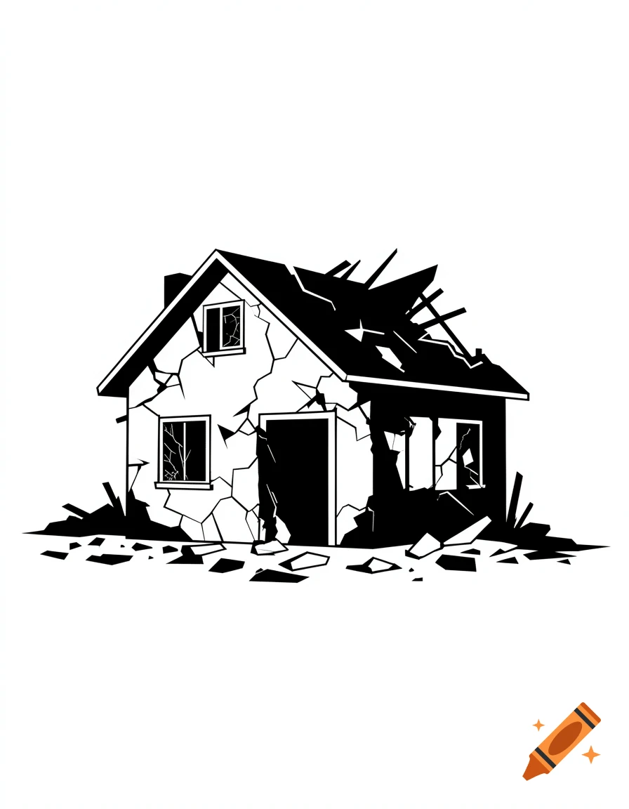 Black and white vector illustration of a dilapidated house with a damaged roof and cracked walls, surrounded by debris.