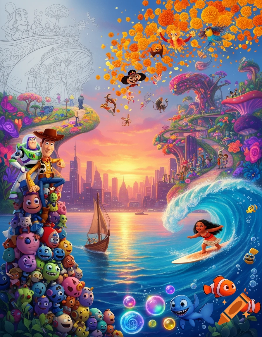 A vibrant fantasy collage of animated movie characters, featuring Buzz and Woody on a pile of emotion characters, Moana surfing, Nemo and Stitch in the ocean, and a cityscape backdrop, with a mix of colored and line art sections showing Disney princesses and Coco-themed elements.