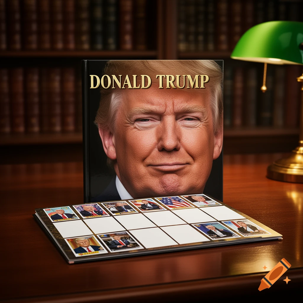 A book titled 'DONALD TRUMP' with his face on the cover, standing on a wooden desk next to a sheet of Donald Trump-themed trading cards, in a library setting.