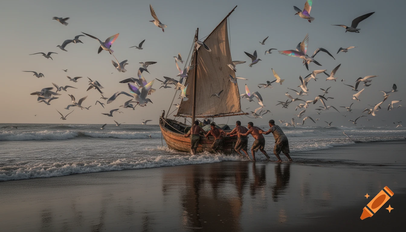 Fishermen pushing a wooden sailboat into the ocean from a sandy beach, with many seabirds flying overhead.