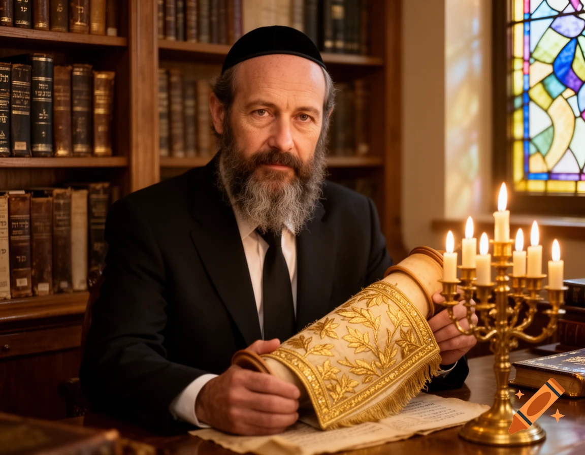 A bearded man in a yarmulke, dressed as a rabbi, sits in a library holding a Torah scroll next to a menorah.