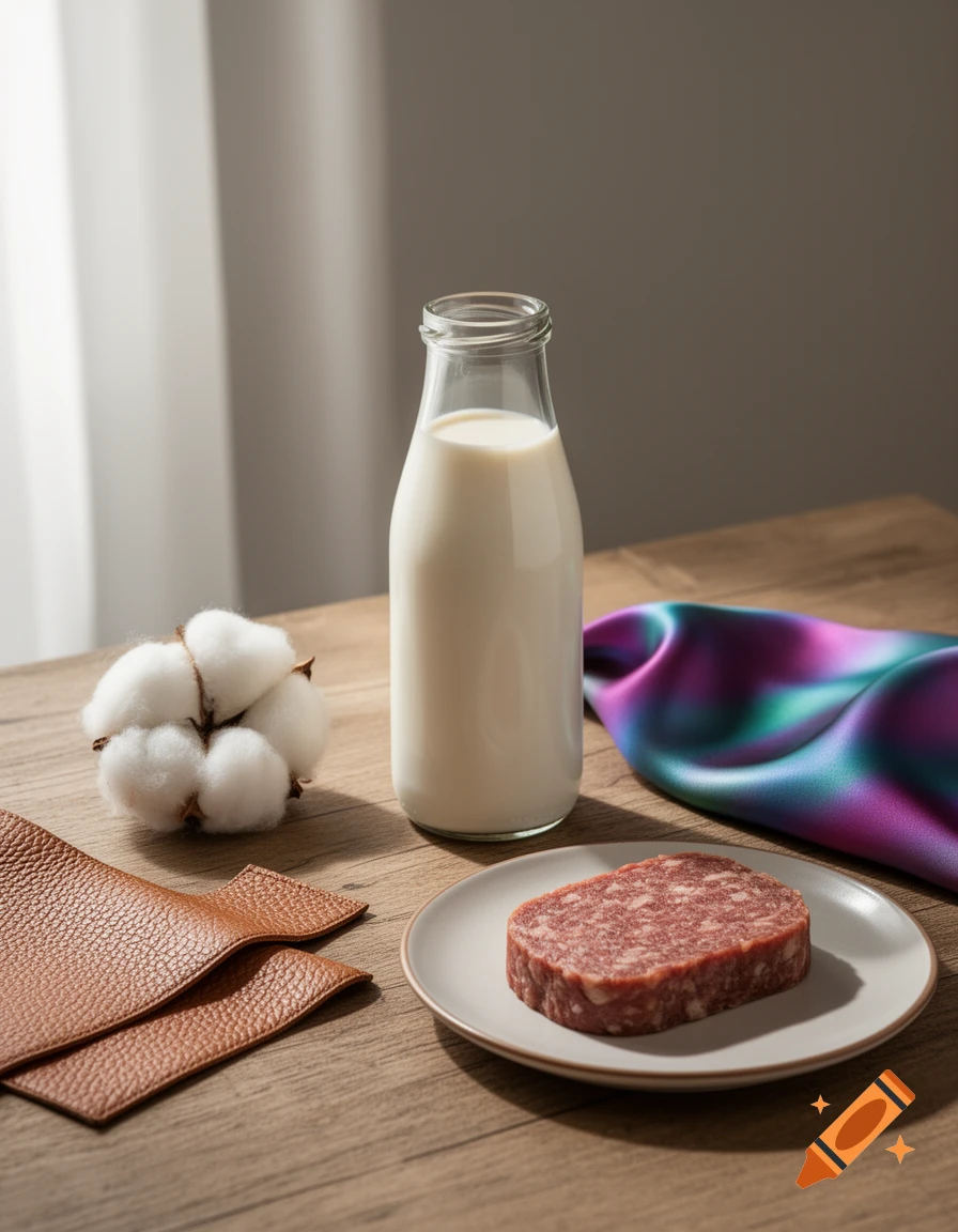 A photorealistic still life of a milk bottle, cotton, brown leather, a colorful silk scarf, and a raw meat patty on a wooden table.