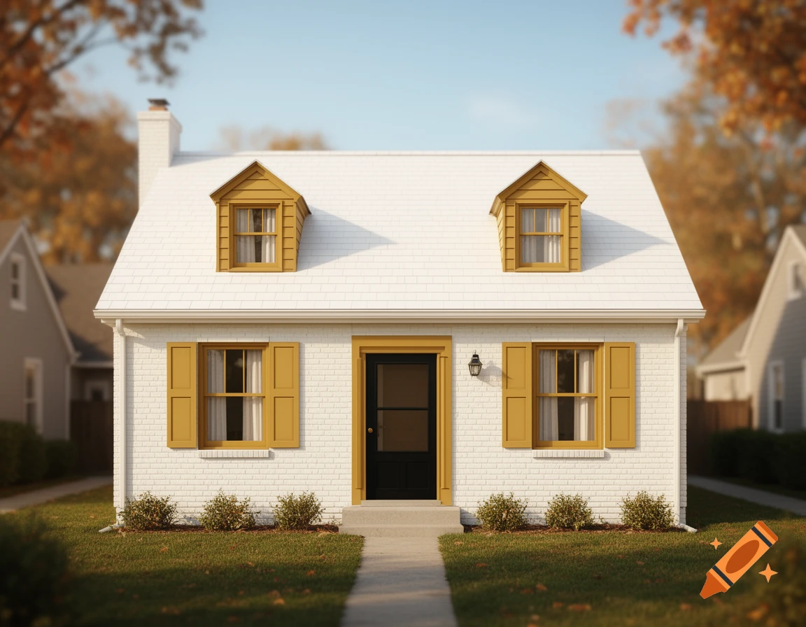 Photorealistic white brick house with goldish yellow dormers and shutters, black front door, surrounded by a lawn and fall trees.